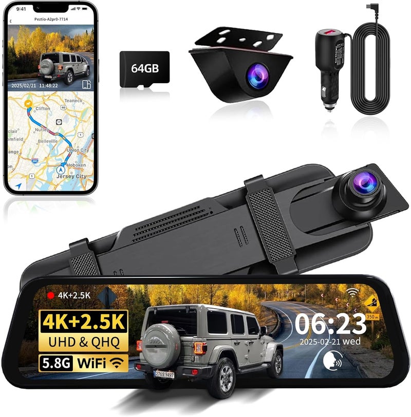 QOZ Mirror Dual Dash Camera with Voice Control,4K+2.5K 10" Rear View Mirror Camera with 5.8GHz WiFi and APP Control, WDR Night Vision, Loop Recording, G-Sensor, Parking Monitor 64GB Card Included - Image 1